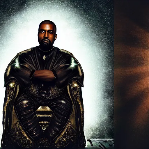 Prompt: Portrait of Kanye West as the god-emperor of mankind, amazing splashscreen artwork, splash art, head slightly tilted, natural light, elegant, intricate, fantasy, atmospheric lighting, cinematic, matte painting
