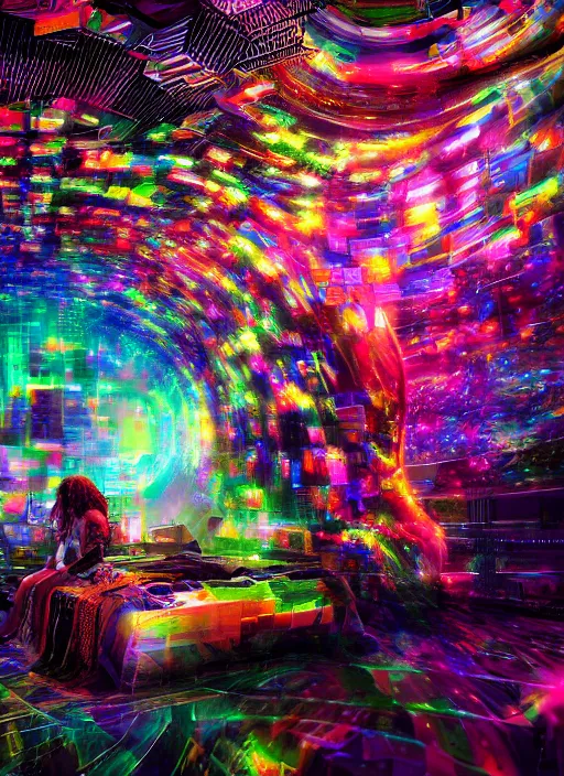 Image similar to cinematic shot cyberspace of creativity, very large floating holographic videos, hyper realistic, mood lighting, fantasy, detailed happy people creating colorful diverse art, highly detailed, super realistic, perfect lighting pixel sorting, style sheet