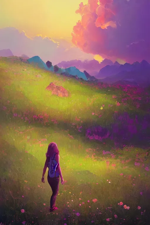 Image similar to giant daisy flower head, girl hiking in the mountains, surreal photography, sunrise, dramatic light, impressionist painting, colorful clouds, digital painting, artstation, simon stalenhag