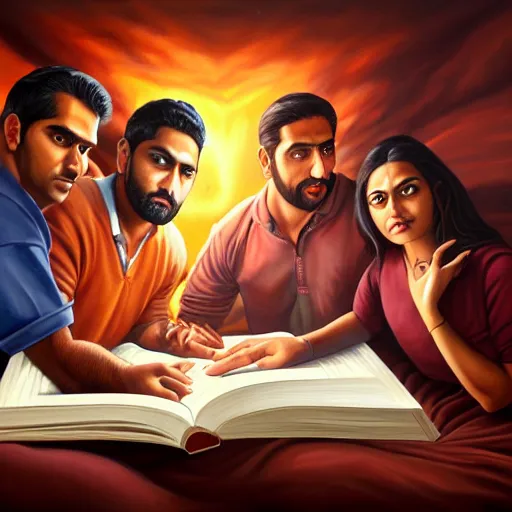 Image similar to a painting of three brown men and a brown woman emerging out of a giant open book, hyperrealistic faces, detailed digital art, aesthetic!, trending on artstation