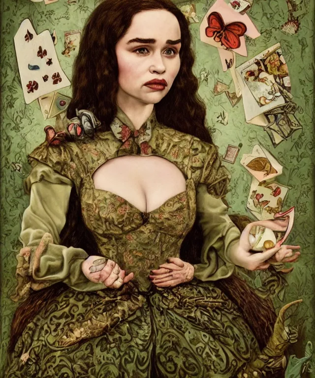 Prompt: portrait of Emilia Clarke in wonderland, lowbrow painting by Mark Ryden