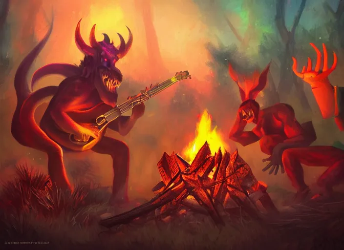 Prompt: Ethnic demons making music on a campfire on the night, colourful stars on the sky, trending on Artstation