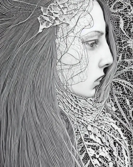 Image similar to a woman's face in profile, long flowing hair entwined in intricate decorative lace leaf skeleton, in the style of the dutch masters and gregory crewdson, dark and moody