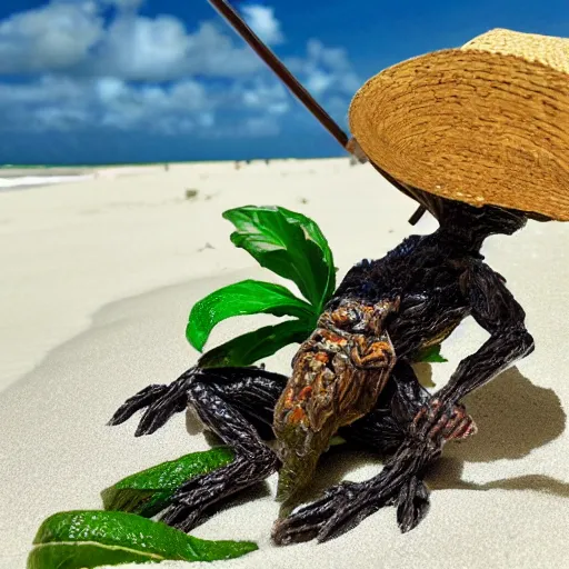 Image similar to a vortigaunt hanging out on a beach in the caribbean, drinking a mojito