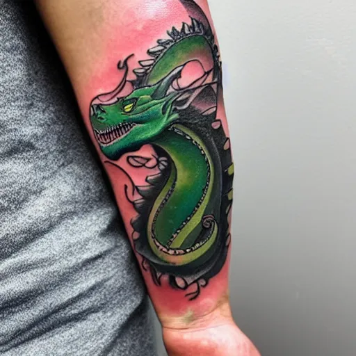 Prompt: forearm tattoo of a dragon with a green emerald in its mouth, dark and vibrant forearm tattoo