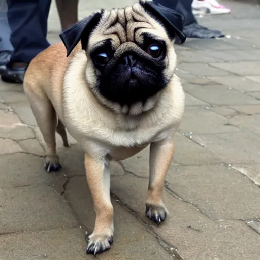 Image similar to a pug with duck feet instead of pug feet, photo