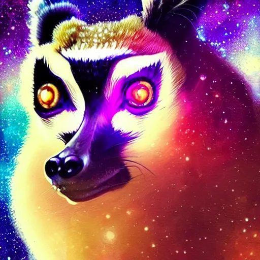 Image similar to geometric lemur with galaxy eyes in space, nebula in the background, intricate, elegant, highly detailed, digital painting, artstation, concept art, smooth, sharp focus, illustration, art by artgerm