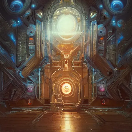 Prompt: an analog modular synthesizer with a doorway to eternity, sci-fi, intricate, cinematic lighting, highly detailed, digital painting, artstation, concept art, smooth, sharp focus, illustration, art by Artgerm and Greg Rutkowski and alan lee