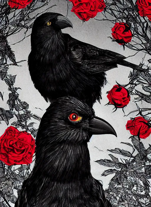 Image similar to portrait, A crow with red eyes in front of the full big moon, book cover, red roses, red white black colors, establishing shot, extremly high detail, foto realistic, cinematic lighting, pen and ink, intricate line drawings, by Yoshitaka Amano, Ruan Jia, Kentaro Miura, Artgerm, post processed, concept art, artstation, matte painting, style by eddie mendoza, raphael lacoste, alex ross