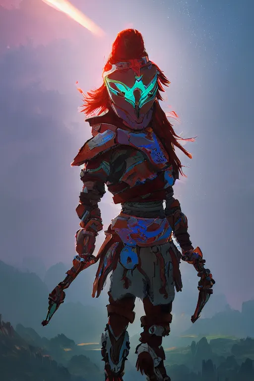 Image similar to combination suit armor aloy horizon forbidden west horizon zero dawn radiating a glowing aura global illumination ray tracing hdr fanart arstation by ian pesty and alena aenami artworks in 4 k tribal robot ninja mask helmet backpack