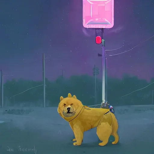 Image similar to a chow chow in a mech suit in the style of simon stalenhag