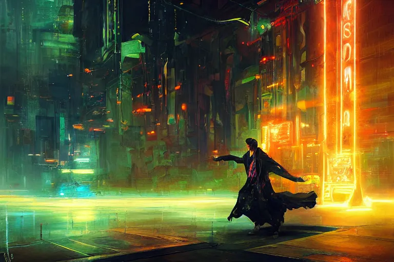 Prompt: magical sorcerer dances with bolts of electricity, digital art, intricate, dramatic lighting, neon colors, cinematic, art by ruan jia