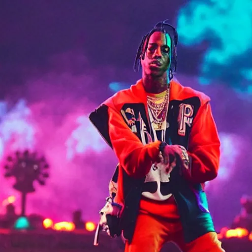 Image similar to travis scott doing a fortnite dance in astroworld concert,