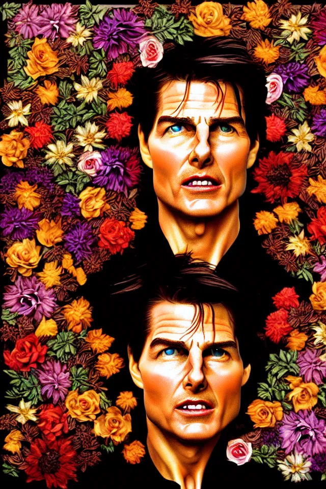 Image similar to bizarre surreal renaissance portrait of tom cruise as a box made out various flowers, dramatic cinematic lighting, bold colors, 8 k, beautiful intricate painting