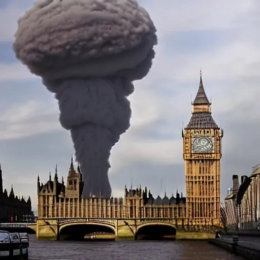 Prompt: nuclear bomb in london, big ben clock tower, huge mushroom cloud, destruction