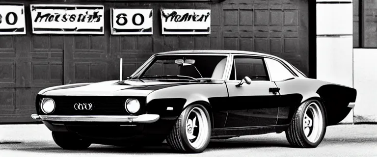 Image similar to black audi camaro b 1 ( 1 9 6 7 ) with burning livery, retro poster, establishing shot