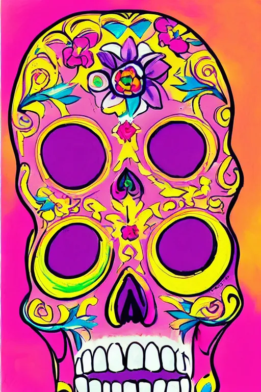 Prompt: Illustration of a sugar skull day of the dead girl, art by peter max