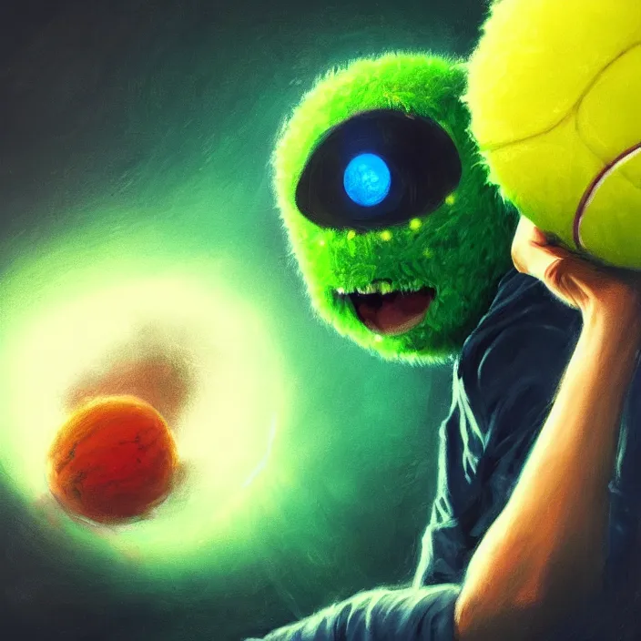 Image similar to cinematic portrait of a cute tennis ball monster in the abyss of space, chalk, masterpiece, trending on artstation, featured on pixiv, cinematic composition, dramatic pose, beautiful lighting, sharp details, hyper - detailed, hd, hdr, 4 k, 8 k, art by basil gogos