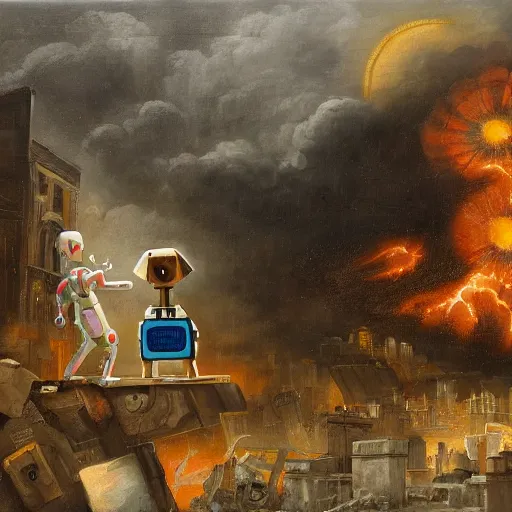 Image similar to a dog and a robot watching destroyed city from a rooftop, painting