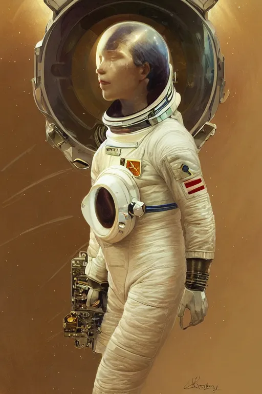 Image similar to A full portrait of a 2001 Space Odyssey Astronaut, intricate, elegant, highly detailed, digital painting, artstation, concept art, smooth, sharp focus, illustration, art by Krenz Cushart and Artem Demura and alphonse mucha