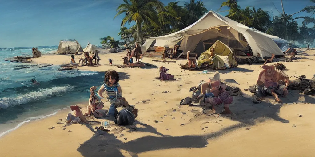 Image similar to precisely drawn illustration of a small camp on a beach. Wide angle, Sharp, Fine Details, Fantasy, realistic shaded lighting, in style of Katsuhiro Otomo, Magali Villeneuve, Artgerm, Rutkowski, Jeremy Lipkin, Giuseppe Dangelico Pino, Michael Garmash and Rob Rey