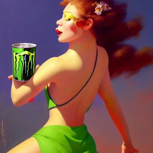 Image similar to girl drinks monster energy, organic painting, sunny day, matte painting, bold shapes, hard edges, street art, trending on artstation, by huang guangjian and gil elvgren and sachin teng