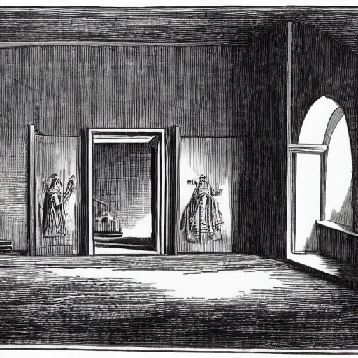 Prompt: A large room, richly furnished and dimly lighted by two torches. There is a heavy door at the far end of this chamber; there are also doors in the walls to either side of it—the left-hand one being closed but slightly ajar.