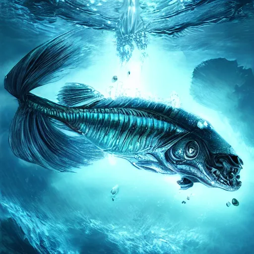 Image similar to alien fish underwater scene cinematic lighting detailed realistic painting photorealistic digital artwork concept art