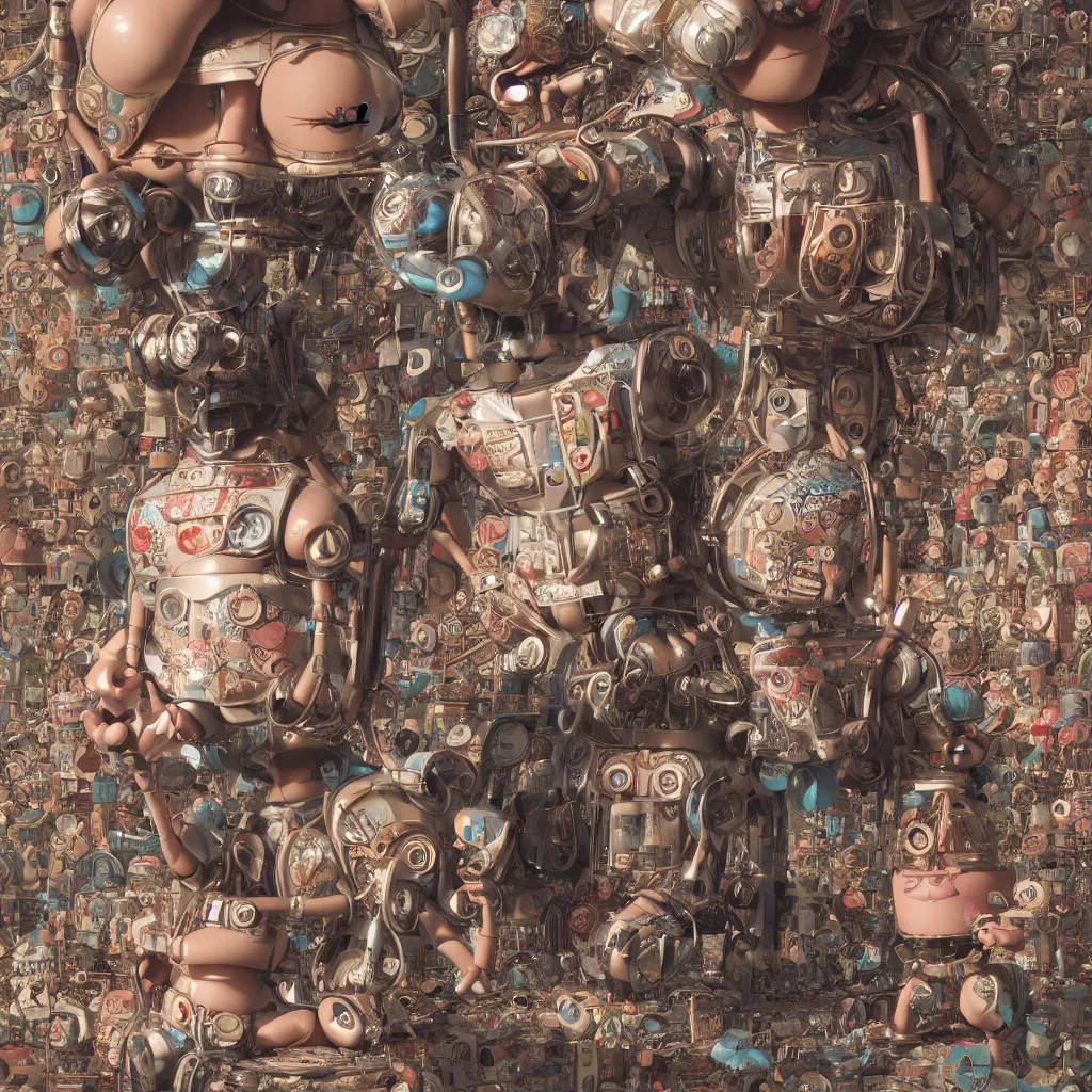 Image similar to closeup portrait of tin toy robot bikini girl trap, depth of field, zeiss lens, detailed, symmetrical, centered, fashion photoshoot, by nicoletta ceccoli, mark ryden, lostfish, breathtaking, 8 k resolution, extremely detailed, beautiful, establishing shot, artistic, hyperrealistic, octane render