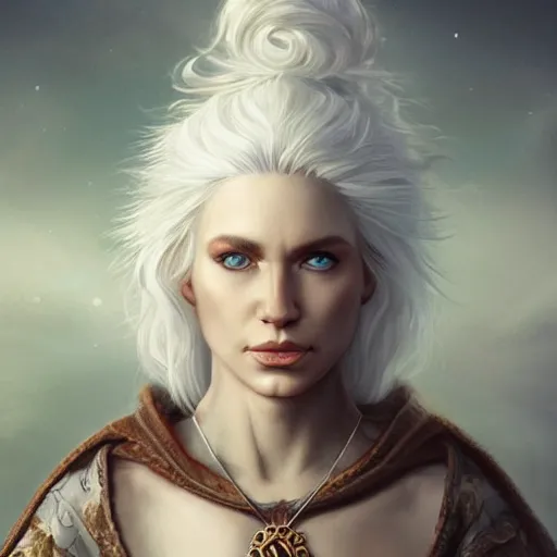 Image similar to Magnificent portrait of a Nordic God mother with white hair, fantasy, medieval, highly detailed, Artstation
