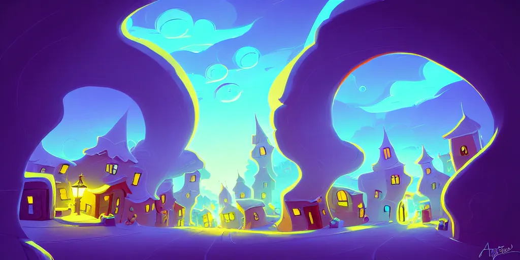 Image similar to curled perspective digital art of curvy clouds in a small village with a cobblestone street by anton fadeev from nightmare before christmas