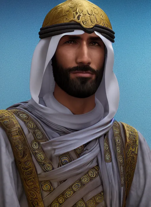 Image similar to portrait of sheikh mohammad ruler of dubai, argonian, head and torso only, cinematic lighting, studio quality, smooth render, unreal engine 5 rendered, octane rendered, art style by klimt and nixeu and ian sprigger and wlop and krenz cushart.