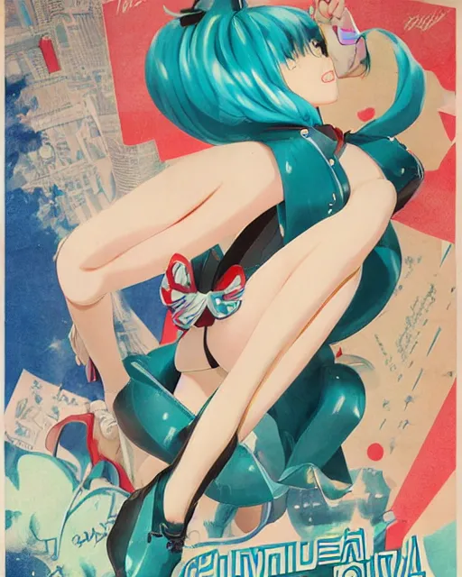 Prompt: Hatsune Miku full body pin up modeling in idol unioform, with a park in the back ground, post war style, detailed face, american postcard art style, by Gil Elvgren and Julie Bell