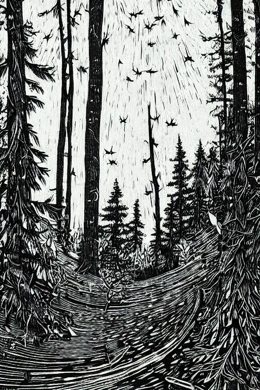 Image similar to a beautiful woodcut print of an english forest, 8 k, frostbite 3 engine, cryengine, dof, trending on artstation, digital art, crepuscular ray, art by valerie lueth and tugboat printshop