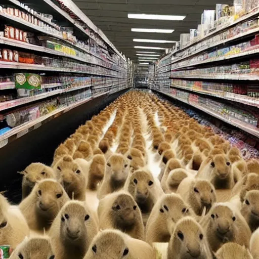 Prompt: a capybara ( flood ), huge amount of capybara! running down a target aisle