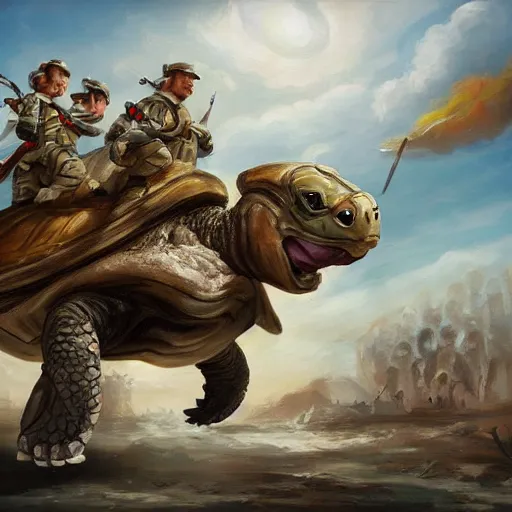 Prompt: white soldier kittens riding giant turtles, battalion, digital oil painting, trending on artstation