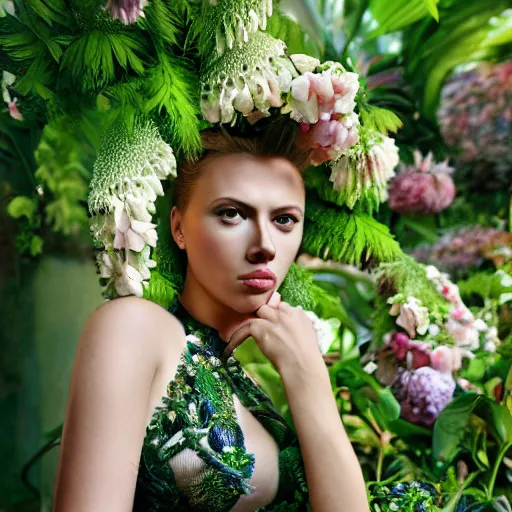 Image similar to Beautiful full-length 20mm mid-distance photograph of Scarlette Johansson in an ornate, lush, exotic Flowerpunk garden, extreme detail, sharp focus, no Depth of Field, clean, clear, sharp, CG society, 3D sculpture, volumetric lighting, cinematic, perfect face, perfect eyes, photorealistic, photograph