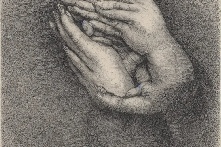 Image similar to close-up flower in hands, soft light, Gustave Dore lithography