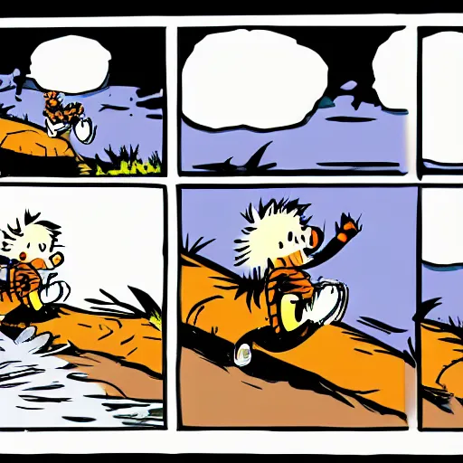 Prompt: Calvin and Hobbes in the style of Bill Waterson, single panel, full colour,