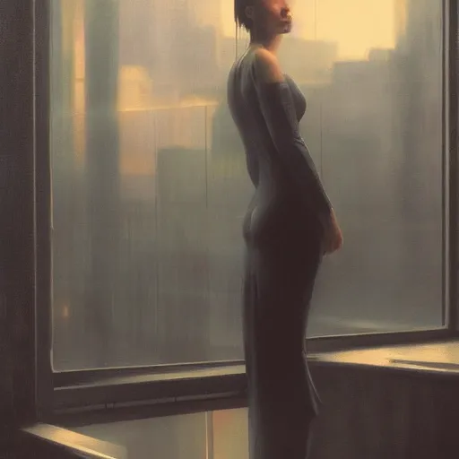 Prompt: detailed portrait of a woman, moment, chillwave elevated train, electronic billboards, tech noir, wet reflections, atmospheric, ambient, livia prima, greg rutkowski, edward hopper, pj crook