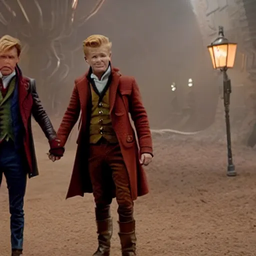 Image similar to newt scamander walking hand in hand with baby groot from guardians of the galaxy, film still from the movie, directed by david yates