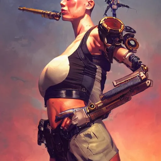 Prompt: tank girl, highly detailed, half human / cyborg, power implants, full body transmogrify, beautiful, mesmerising, look of desire, loving stare, digital painting, trending on artstation, concept art, 4 k, sharp focus, illustration, art by greg rutkowski and magali villeneuve