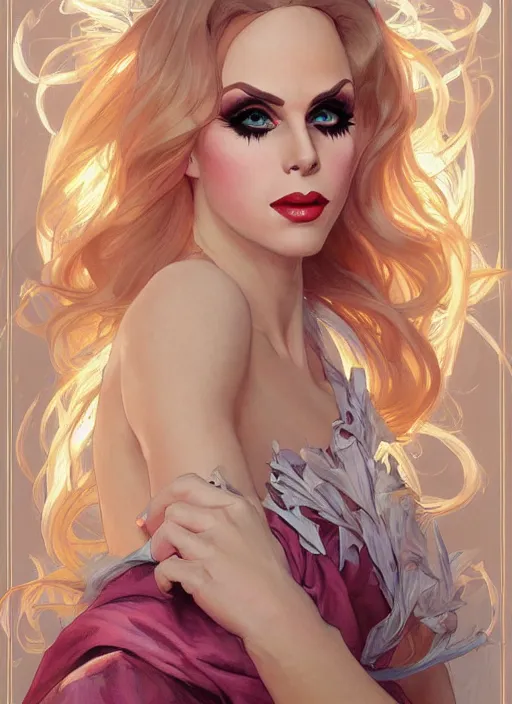 Image similar to katya, drag queen, painting by artgerm and greg rutkowski and alphonse mucha