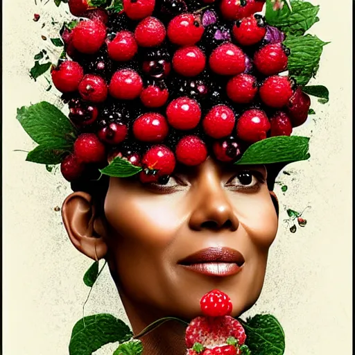 Prompt: halle berry face made of berries rendered by octane digital painting by arcimboldo