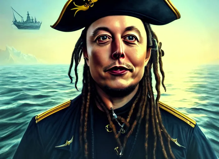 Prompt: highly detailed portrait of a sinister Elon Musk as a dread pirate captain, proudly posing at the helm of his frigate wearing an ornate pirate hat, full body, sinking smoking ship in the background at sunset, artstation, cinematic lighting, hyperdetailed, cgsociety, 8k, high resolution, insanely detailed and intricate, concept art, smooth, sharp focus, illustration, art by John Collier and Albert Aublet and Krenz Cushart and Artem Demura and Alphonse Mucha