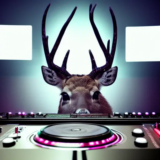 Image similar to “a deer dj behind the turntables octane render hyperrealism, dynamic lighting 8k”