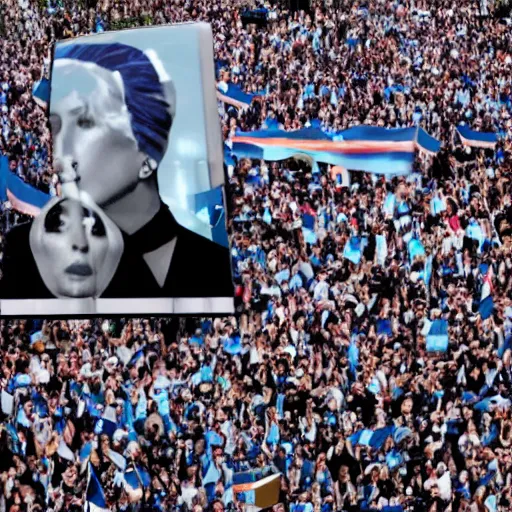 Image similar to Lady Gaga as president, Argentina presidential rally, Argentine flags behind, bokeh, giving a speech, detailed face, Argentina