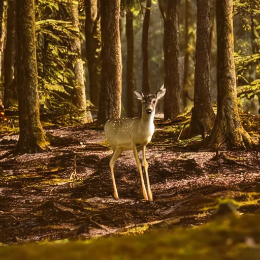 Image similar to a close up of a white - eyed deer, background of a landscape misty forest scene, the sun glistening through the trees