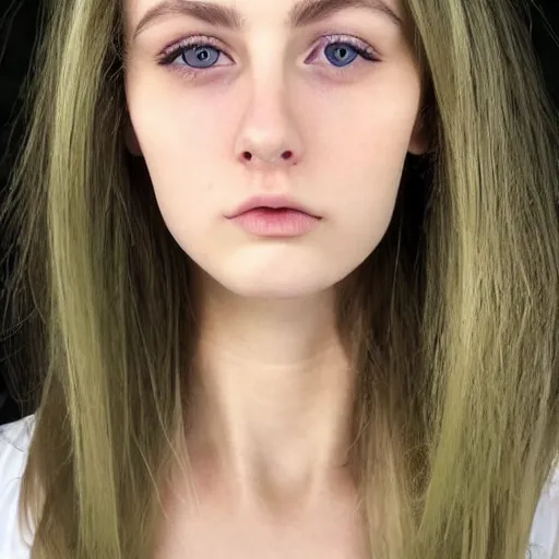 Prompt: brunette with dyed blonde hair, 21 years old, 165 cm tall, long flat hair, blonde, green eyes, 20% smaller nose, small mouth, round shaped face, big forehead, lop eared, thin eyebrows, real life Carl Zeiss optics photo