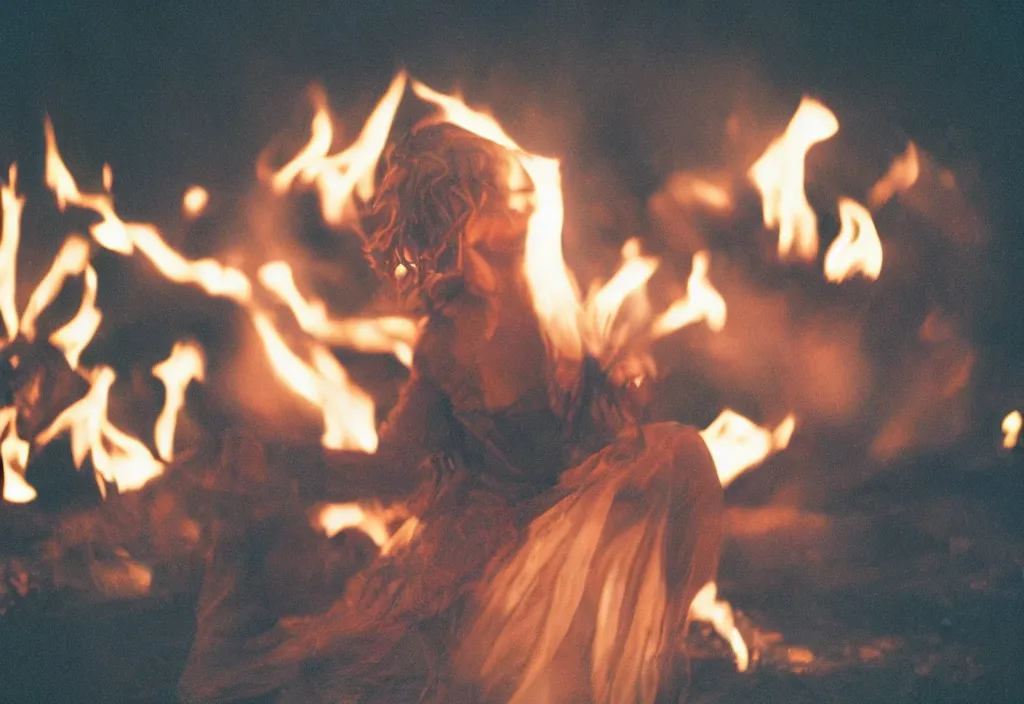 Image similar to lomo photo of young woman dancing and writhing in ecstasy around a fire as the dark ritual begins, cinestill, bokeh, out of focus